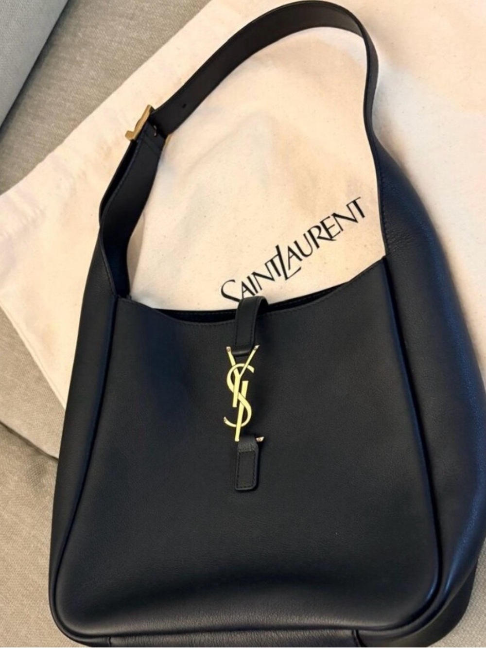 Saint Laurent Black Leather Hobo Bag with Gold YSL Charm